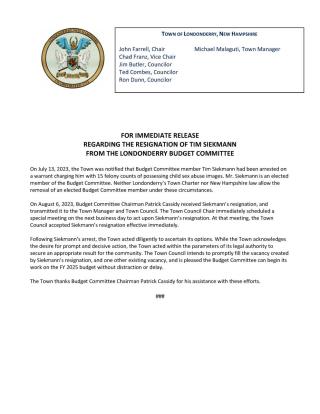 Press Release Regarding the Resignation of Tim Siekmann from the Londonderry Budget Committee 