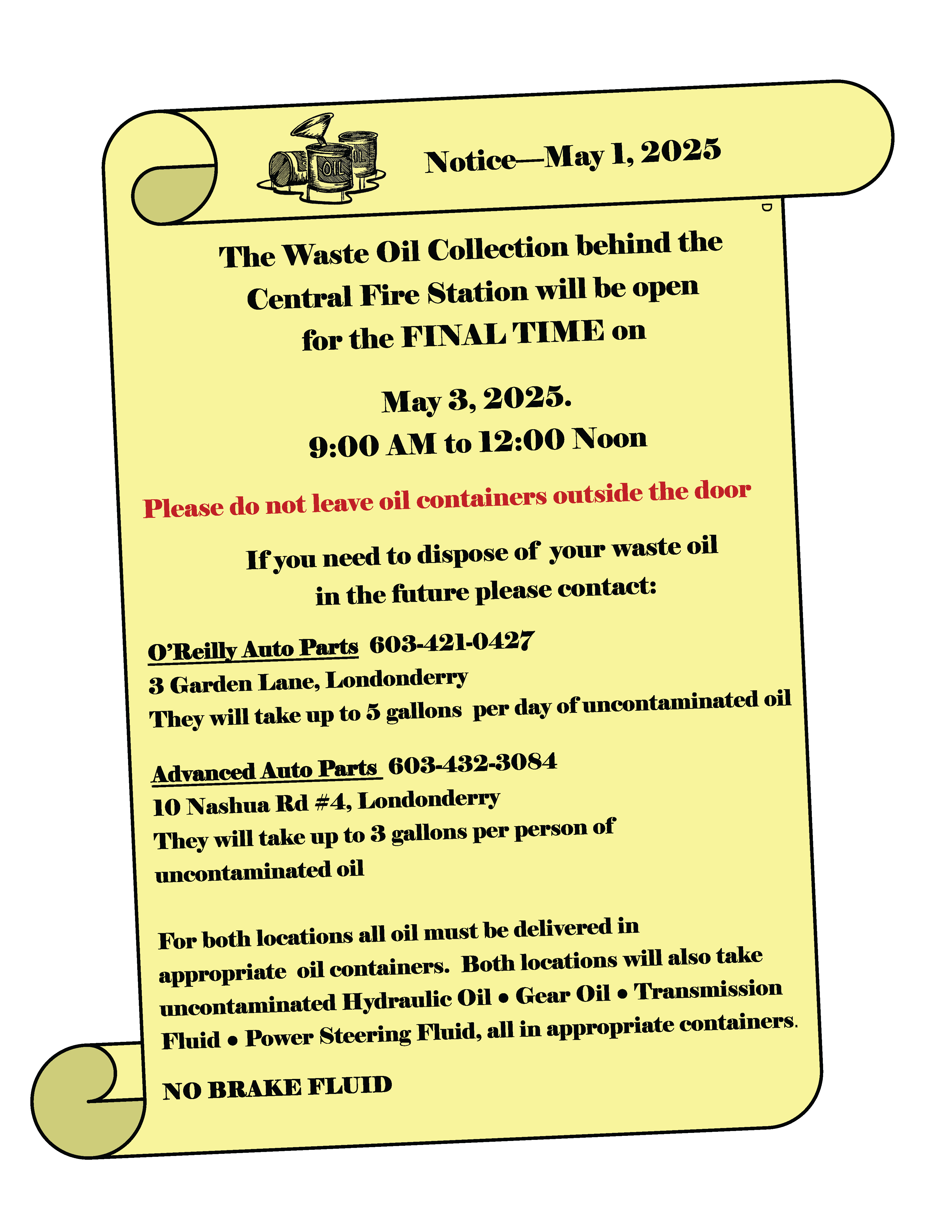 A notice advertising a waste oil collection and future locations for drop-off