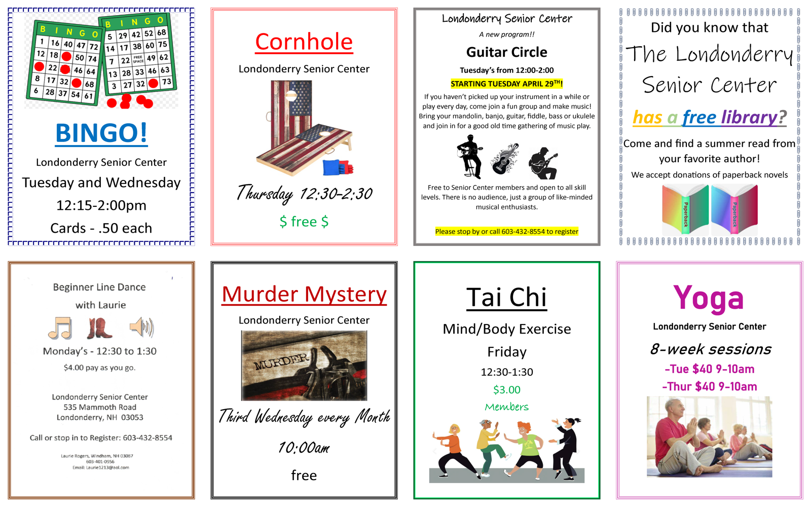 An image of eight flyers advertising Senior Center activities