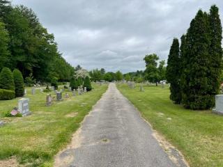 Pleasant View cemetery road with rows of gravestones on both sides, there are green bushes trees in the background