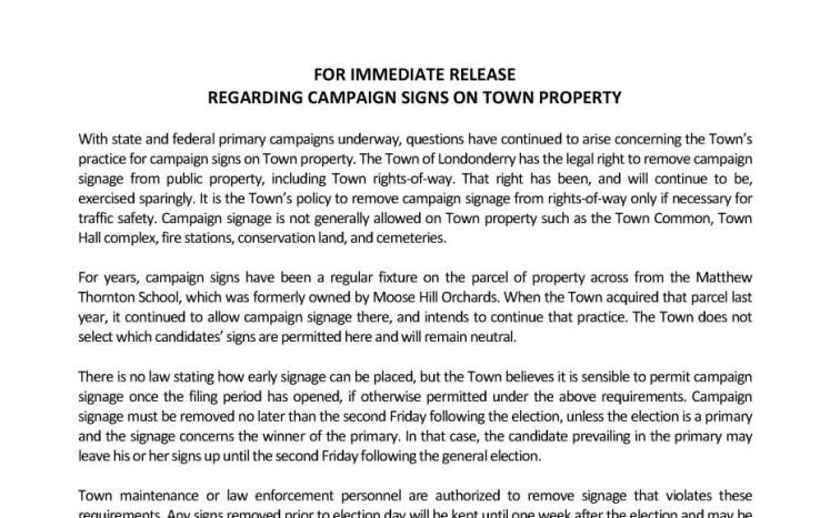 Londonderry press release regarding campaign signs. 