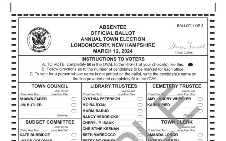 2024 Town Election Sample Ballot first page