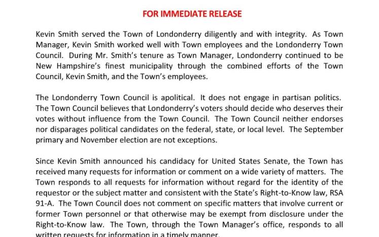 Press Release from Chairman John Farrell, Town of Londonderry 