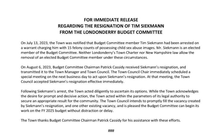 Press Release Regarding the Resignation of Tim Siekmann from the Londonderry Budget Committee 