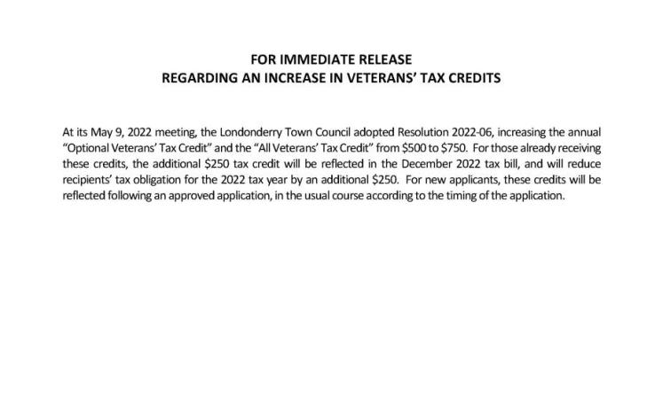 PRESS RELEASE: Veterans Tax Credit Increase 